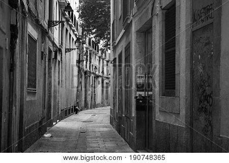 The streets of old town Barcelona. Black and white