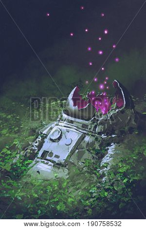the remains of the astronaut with glowing insects covered with plants digital art style illustration painting