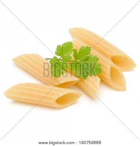 Italian pasta isolated on white background. Pennoni. Penne rigate.
