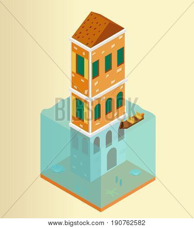 Isometric flooded ancient bright building in Venice