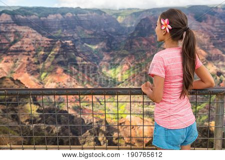 Hawaii nature travel girl looking at Kauai mountains canyon. Hiker woman tourist enjoying lookout at Waimea Canyon, popular tourist destination.