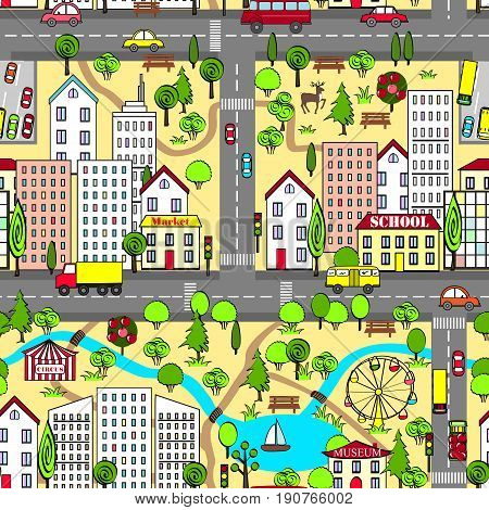 Cartoon city vector landscape for kids cards and other usage.