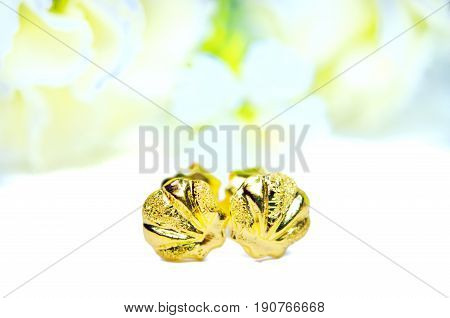 Gold Pendant Cameo Earring Jewelry With Flowers Isolated On White