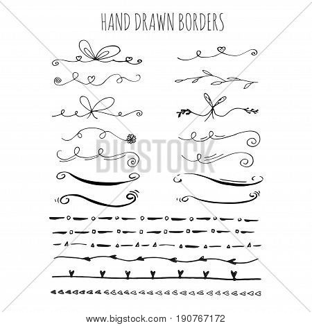 Collection of hand drawn ink borders for card invitation. Cute and unique swirls dividers for your stylish wedding or birthsday design. Isolated vector elements.
