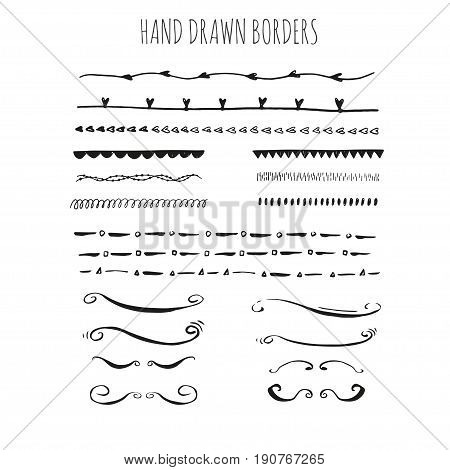 Collection of hand drawn ink borders for card, invitation. Cute and unique swirls, dividers for your stylish wedding or birthsday design. Isolated vector elements.