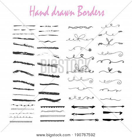 Collection of hand drawn ink borders for card, invitation. Cute and unique swirls, dividers for your stylish wedding or birthsday design. Isolated vector elements.