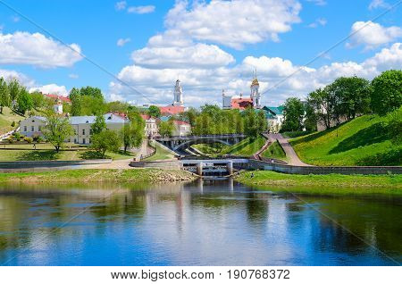 Beautiful view of historical center of Vitebsk near rivers Western Dvina and Vitba Belarus. Holy Spirit Monastery Resurrection Church and Town Hall