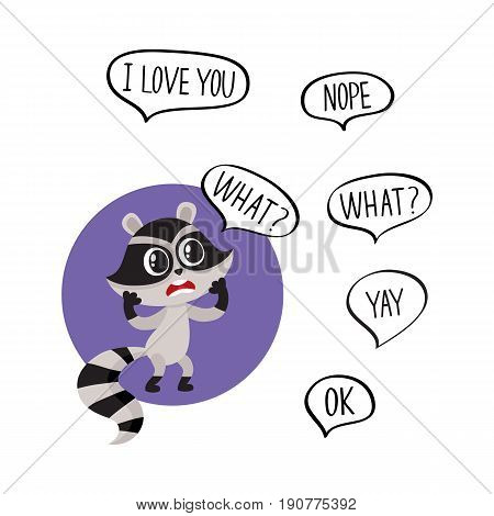 Little raccoon character unpleasantly surprised, exclaiming What and additionally phrase, cartoon vector illustration isolated on white background.