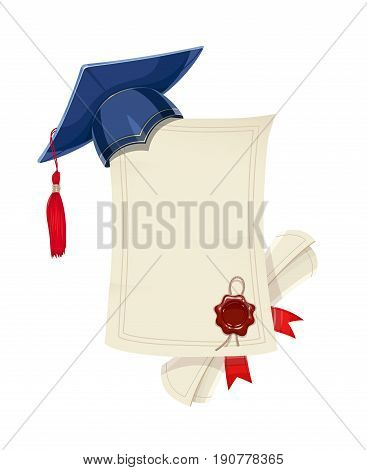 Blue academicic graduation cap with diploma blank and scroll. Students ceremony. Finish school, college, university. Education symbol. Isolated white background. Vector illustration.