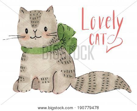 Watercolor drawing of a gray cat isolated on a white background. Hand-drawn illustration.