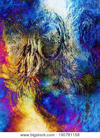 Goddess woman in cosmic background. Painting and graphic design. Glass effect