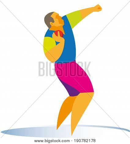 A high and strong  shot putter performs a winning throw