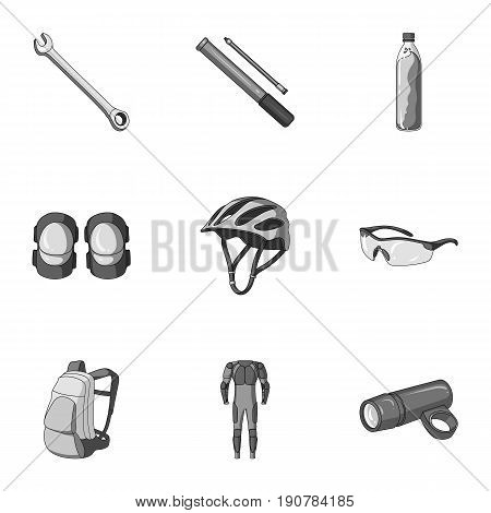 Icons of Cycling, bike. Set for bike, backpack protection, repair, form. Cyclist outfit icon in set collection on monochrome  vector symbol stock  illustration.