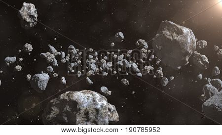 Closeup On Meteor Lumps In Space. Dark Background. Suitable For Any Fantasy, Astronomy Or Space Real