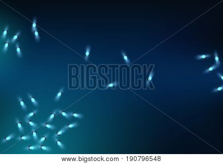 Vector illustration of abstract background with chaotically scattered blue neon lights. Banner, poster for advertising holiday discounts and sales