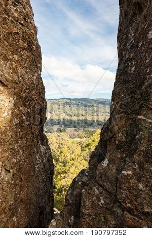 The popular tourist attraction of Hanging Rock. A volcanic group of rocks atop a hill in the Macedon ranges, Victoria, Australia