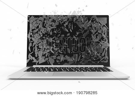 Computer or laptop with broken screen isolated on white background for your design project. 3D Rendering