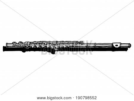 Vector hand drawn illustration of flute. Black and white isolated on white.