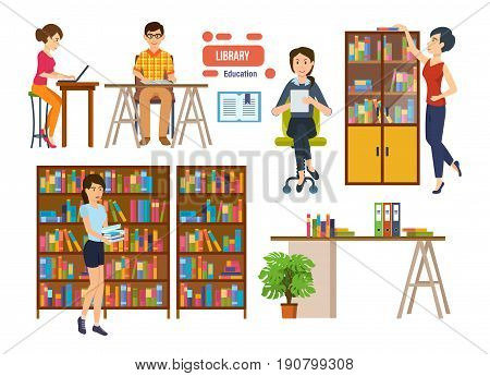 People with books and a tablet is engaged in the library, picks up the necessary material, reading choosing books. Interior room. Education in library school or university