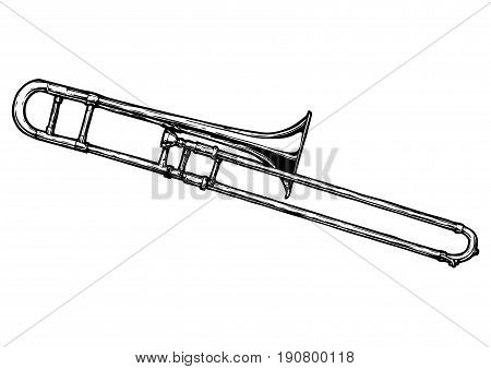 Vector hand drawn illustration of trombone. Black and white isolated on white.