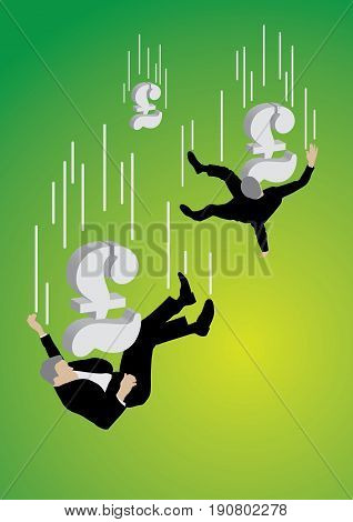 Falling businessman pushed down by big Poundsterling sign on green background