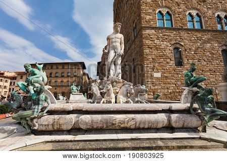 Florence ITALY- September 10 2016: View on The fountain of Neptune by Bartolomeo Ammannati in the Piazza della Signoria Florence Italy