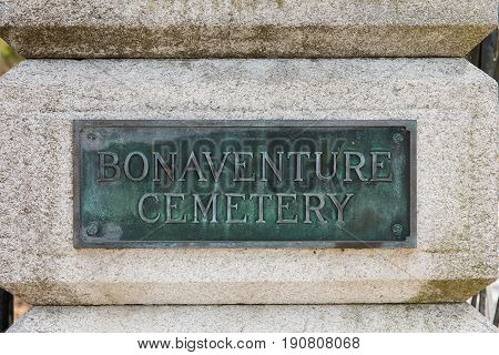 Entrance sign at historic Bonaventure Cemetery in Savannah Georgia. The public cemetery is famous for being featured in the book and movie "Midnight in the Garden of Good and Evil" and also for some of the notable people buried there.