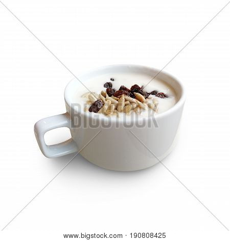 Mushroom Creamsoup With Raisin And Sunflower Seeds Topping Isolate On White Background