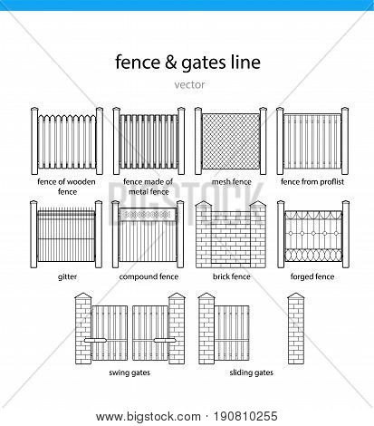Set fence and gates vectors lines. Flat illustration