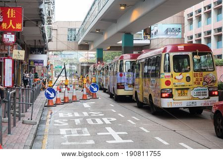 KOWLOON HONG KONG - APRIL 21 2017: Public Light Buses Transport at Mong Kok in Kowloon Hong Kong.