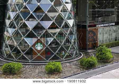 BANGKOK, THAILAND - JUNE 10, 2017 : Starbucks sign in Starbucks restaurant at sathorn square.