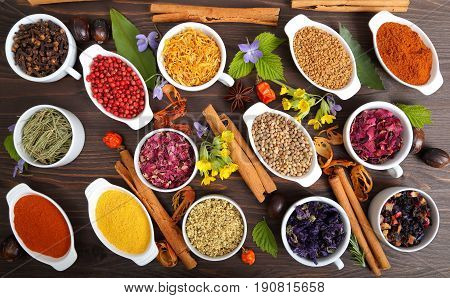 Rose petals and marigold and other herbs for aromatherapy herbal medicine. Spices.