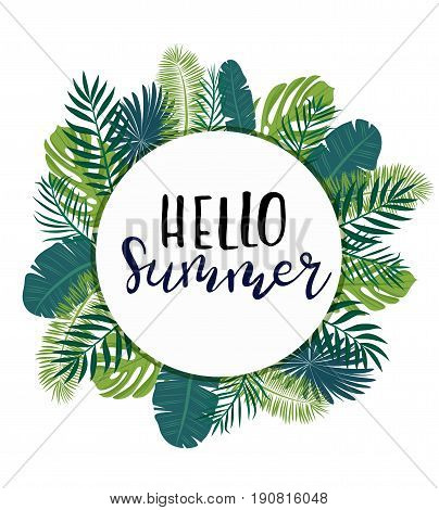 A tropical card with palm leaves and exotic flowers. Summer jungle design  is ideal for flyers, postcards, labels and unique designs. Vector