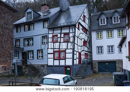 MONSCHAU GERMANY - FEBRUARY 20 2016: Half-timbered houses of Monschau a small resort town in the Eifel region of western Germany