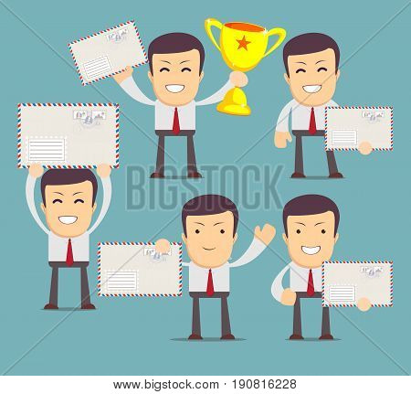Man with envelope . Set. Stock vector illustration for poster, greeting card, website, ad, business presentation, advertisement design