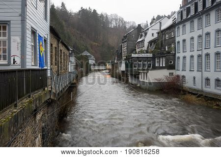 MONSCHAU GERMANY - FEBRUARY 20 2016: Old houses of Monschau a small resort town in the Eifel region of western Germany
