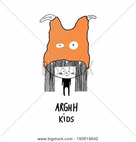 Arghh kidschild with a monster hat. Hand drawn vector illustration