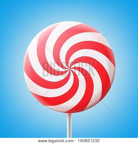 Vector big round spiral red and white lollipop on stick isolated on blue background
