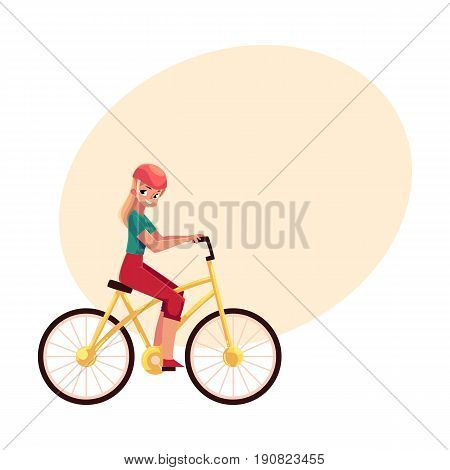 Young pretty blond woman, girl riding a bicycle, cycling, cartoon vector illustration with space for text. Full length, side view portrait of young long haired woman riding a bicycle, cycling