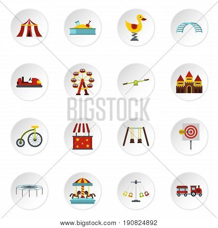 Amusement park icons set in flat style. Attraction park set collection vector icons set illustration