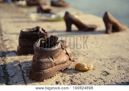 Monument to the fallen in World War II Jews on the Danube embankment in Budapest, Hungary.
