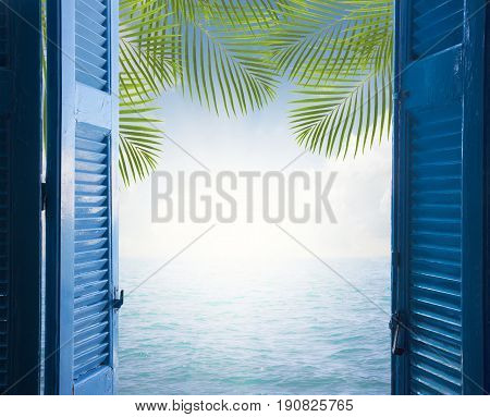 room with open blue window shutters to - palm tree in blue sky with calm sea -vacation concept