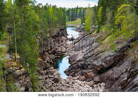 Vuoksa river and rocky canyon view in Imatra, Finland