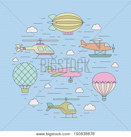 Air transportation outline circle illustration. Clean and simple design. Part four.
