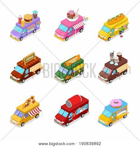 Isometric Street Food Truck Set with Vegeterian Food, Burger, Kebab, Hot Dog and Ice Cream Cafe. Vector flat 3d illustration