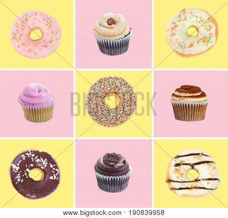set of doghnuts and cupcakes minimal flat lay style