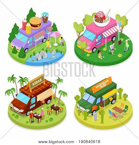 Isometric Street Food Truck Set with Vegeterian Food, Kebab and Ice Cream Cafe. Vector flat 3d illustration