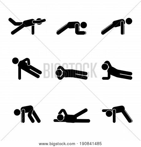 Exercises body workout stretching man stick figure. Healthy life style vector illustration pictogram