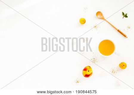 Fresh Summer Fruit. Healthy Breakfast With Peach, Nectarine, Apricot, Muesli, Peach Yogurt, Mint, Ju