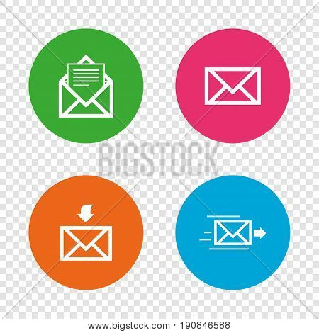Mail envelope icons. Message document delivery symbol. Post office letter signs. Inbox and outbox message icons. Round buttons on transparent background. Vector